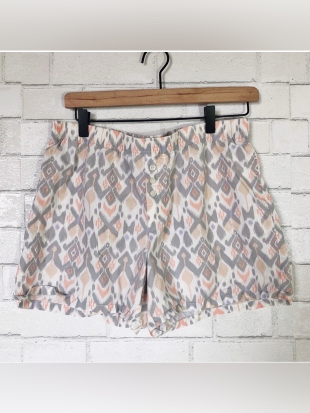 Ikat Pattern Beige Gray Elastic Waist Sleep Boxer PJ Shorts